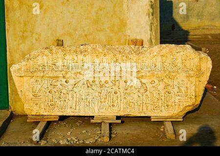 Egypt, Nile Delta, Tanis, artifacts displayed near the mission house : Relief with cartouches. Stock Photo