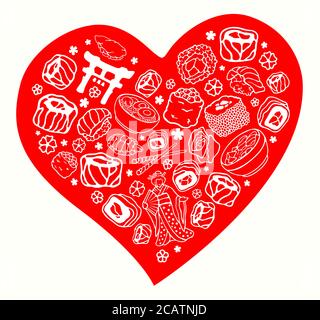beautiful collection of hand drawn arts with japan symbols and food in the shape of red heart on white background Stock Vector