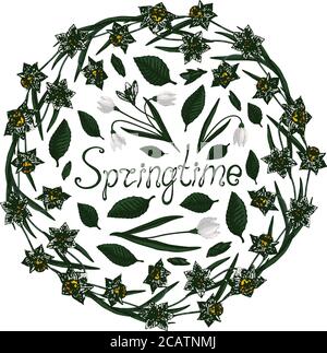 Beautiful spring collection of cliparts with snowdrops and daffodils on white background Stock Vector
