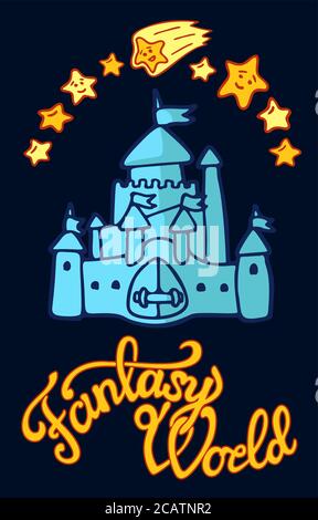 Beautiful cartoon medieval blue castle on dark background Stock Vector