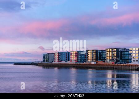 Sunset view of the port Reykjavik, in Iceland, winter time. Stock Photo