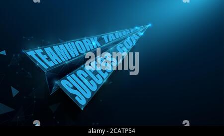 Paper airplane. Teamwork, Target, Success and Goal Concept. Wireframe Mesh, Lines, Triangles and Low Poly Style Design. Vector Illustration Stock Photo