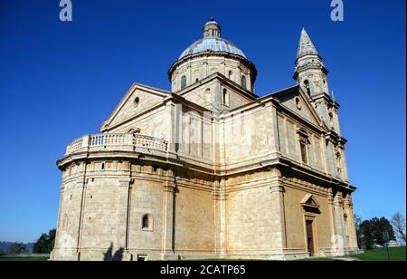 San Biagio church in Montepulciano, Tuscany, Italy against a clear blue sky Stock Photo