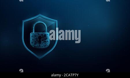 Shield with Padlock. Wireframe Mesh, Lines, Triangles and Low Poly Style Design. Technology Security Concept. Vector Illustration Stock Photo