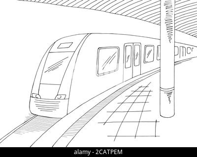 Railway station platform train graphic black white sketch illustration vector Stock Vector