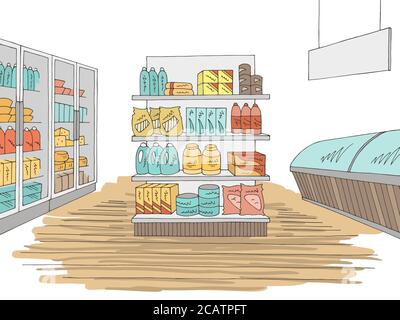 Grocery store shop interior color graphic sketch illustration vector Stock Vector