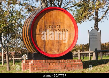 Groot Constantia Landgoed Estate in Cape Town, South Africa May 20 2013: wine barrel sign welcomes vistors to the oldest winery in South Africa Stock Photo