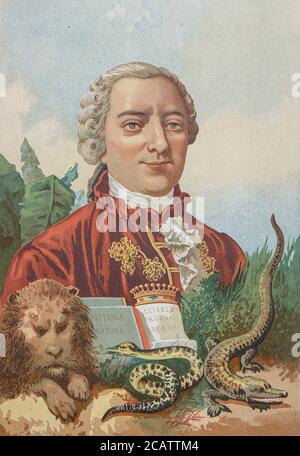 Georges-Louis Leclerc, Comte de Buffon (7 September 1707 – 16 April 1788) was a French naturalist, mathematician, cosmologist, and encyclopédiste. His works influenced the next two generations of naturalists, Buffon published thirty-six quarto volumes of his Histoire Naturelle during his lifetime; with additional volumes based on his notes and further research being published in the two decades following his death. From the book La ciencia y sus hombres : vidas de los sabios ilustres desde la antigüedad hasta el siglo XIX T. 3  [Science and its men: lives of the illustrious sages from antiquit Stock Photo