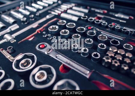 Set of universal tools in a suitcase for car repair, close up Stock Photo