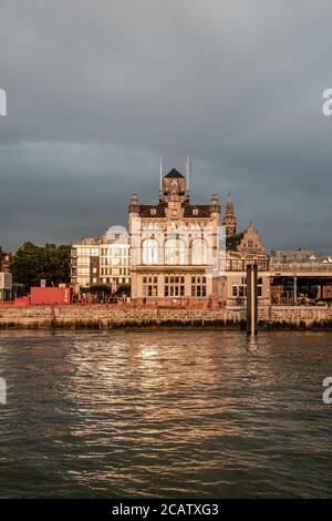 Sunset over historical buildings in the center of Antwerp Stock Photo