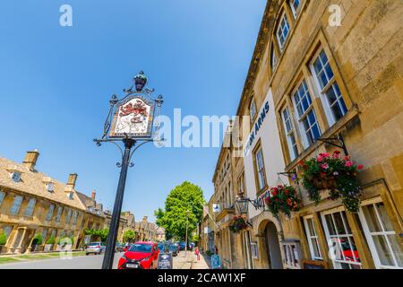 Roadside name sign of the Lygon Arms in High Street, Chipping Campden, a small market town in the Cotswolds in Gloucestershire Stock Photo