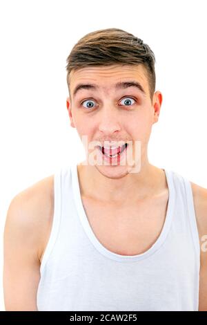 Happy Young Man in the Undershirt Isolated on the White Background Stock Photo