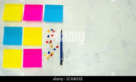 Set of several blank colorful notes with copy space for text on light background.  Concept prepare for teamwork or brainstorming. Stock Photo