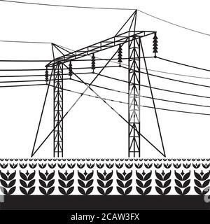 High voltage power line over the field with plants – vector illustration Stock Vector