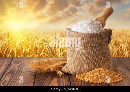 wheat flour in sack Stock Photo