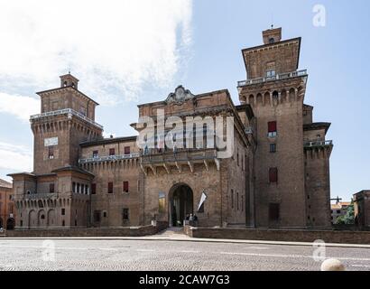 Ferrara, Italy. August 6, 2020. A panoramic view of Este Castle in the city center. Imposing 14th-century moated castle with lavish private chambers, Stock Photo