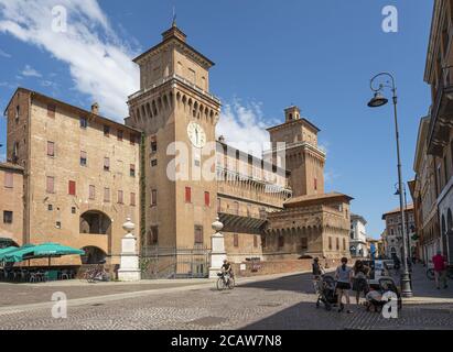 Ferrara, Italy. August 6, 2020. A panoramic view of Este Castle in the city center. Imposing 14th-century moated castle with lavish private chambers, Stock Photo