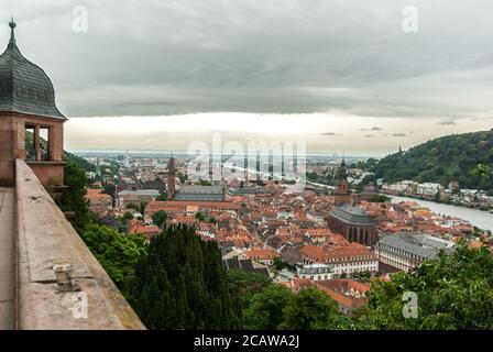 Aerial view from Schloss Heidelberg (castle) over the old city center of Heidelberg, with the Jesuit's Church and the Holy Spirit church and river Nec Stock Photo