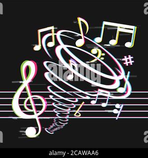 glitch music notes in tornado Stock Vector