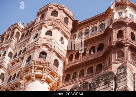 Jodhpur / India - March 18, 2020: Impressive Mehrangarh fort walls Stock Photo