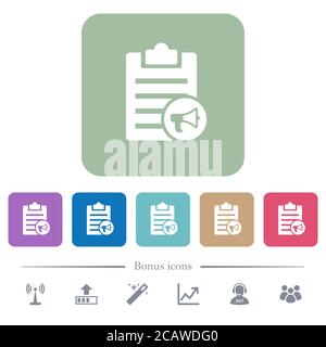 Note reading aloud white flat icons on color rounded square backgrounds. 6 bonus icons included Stock Vector