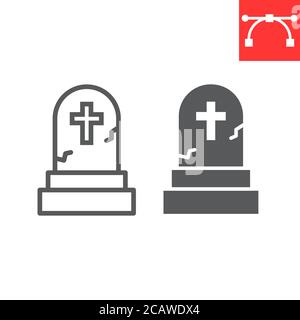 Gravestone line and glyph icon, halloween and scary, tombstone sign vector graphics, editable stroke linear icon, eps 10. Stock Vector