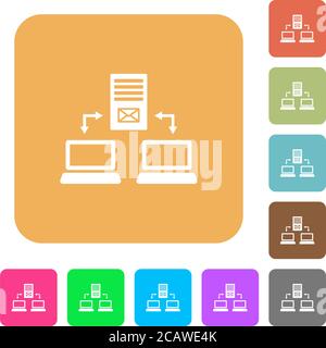 Multiple connections to mail server flat icons on rounded square vivid color backgrounds. Stock Vector