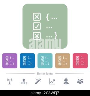 Source code checking white flat icons on color rounded square backgrounds. 6 bonus icons included Stock Vector