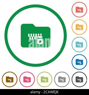 Zipped folder flat color icons in round outlines on white background Stock Vector