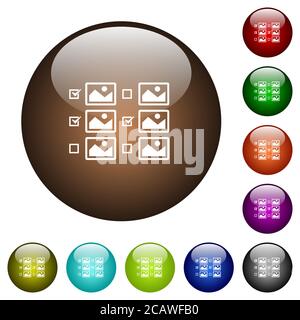 Multiple image selection with checkboxes white icons on round color glass buttons Stock Vector