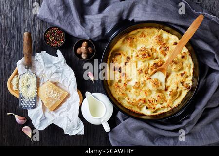 Oven baked cauliflower cheese - vegetable side dish, served on a black baking dish on wooden background with ingredients: garlic, nutmeg, peppercorns, Stock Photo