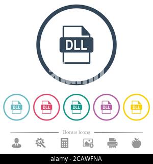 DLL file format flat color icons in round outlines. 6 bonus icons included. Stock Vector