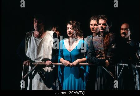 MORTE D'ARTHUR by Sir Thomas Malory dramatised and directed by David Freeman composer: Nigel Osborne design: David Roger lighting: Michael Calf  l-r: Jacques Bourgaux (Launcelot), Katharine Rogers (Guenever), Belinda Davison (Isoud), David Hobbs (King Mark / Bors), Cengiz Saner (Palomides) St Paul's Church, Hammersmith, London W6 / a Lyric Theatre Hammersmith production 31/07/1990 (c) Donald Cooper Stock Photo