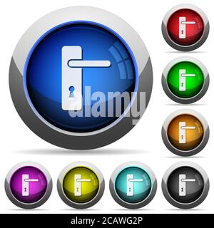 Right handed door handle with screws icons in round glossy buttons with steel frames Stock Vector