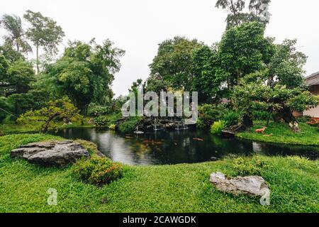 Pond with many Koi fishes and a beautiful landscape gardening in Hue, Vietnam Stock Photo
