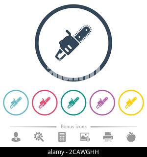 Chainsaw flat color icons in round outlines. 6 bonus icons included. Stock Vector