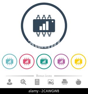 Hardware acceleration flat color icons in round outlines. 6 bonus icons included. Stock Vector
