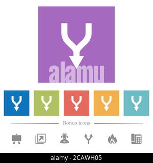 Merge arrows down flat white icons in square backgrounds. 6 bonus icons included. Stock Vector