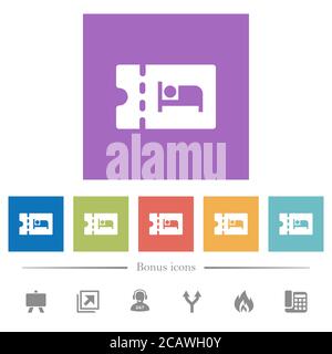 Accommodation discount coupon flat white icons in square backgrounds. 6 bonus icons included. Stock Vector