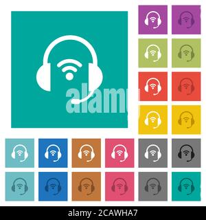 Wireless headset multi colored flat icons on plain square backgrounds. Included white and darker icon variations for hover or active effects. Stock Vector