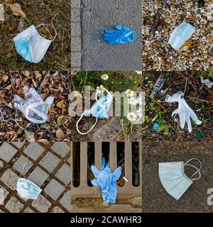 3x3 Montage of discarded single use protective PPE face masks and gloves. During the lockdown period, there has been a huge increase of littering. Stock Photo
