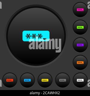 PIN code dark push buttons with vivid color icons on dark grey background Stock Vector