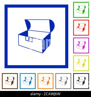 Empty open coffer flat color icons in square frames on white background Stock Vector