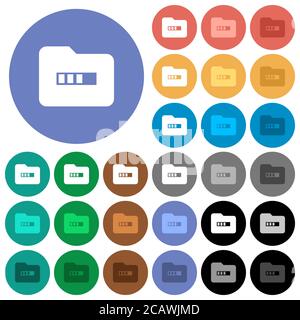 Processing folder multi colored flat icons on round backgrounds. Included white, light and dark icon variations for hover and active status effects, a Stock Vector
