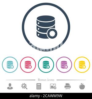 Certified database flat color icons in round outlines. 6 bonus icons included. Stock Vector