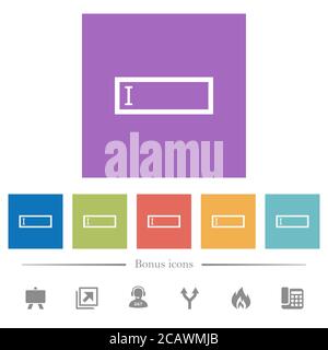 Editbox with editing cursor flat white icons in square backgrounds. 6 bonus icons included. Stock Vector