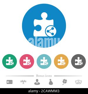 Share plugin flat white icons on round color backgrounds. 6 bonus icons included. Stock Vector