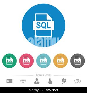 SQL file format flat white icons on round color backgrounds. 6 bonus icons included. Stock Vector