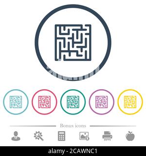 Labyrinth flat color icons in round outlines. 6 bonus icons included. Stock Vector
