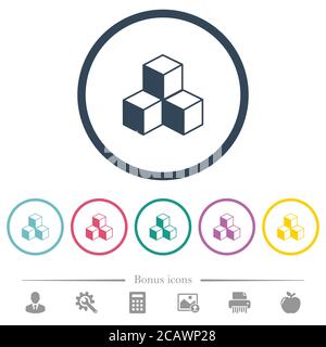 Cubes flat color icons in round outlines. 6 bonus icons included. Stock Vector